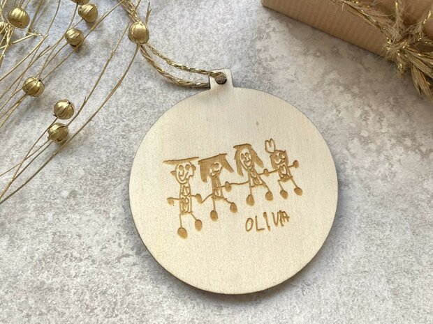 Houten kerstbal met tekening