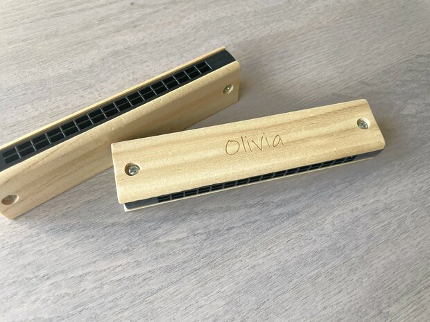 Gegraveerde houten harmonica 
