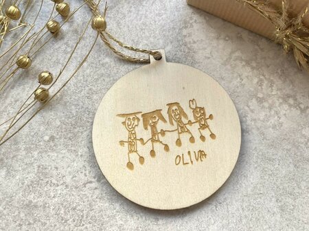 Houten kerstbal met tekening